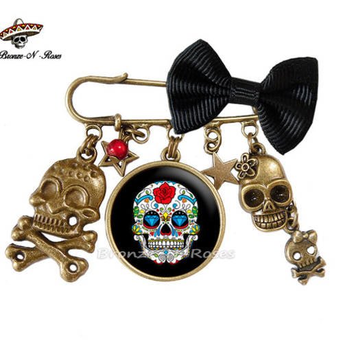 Broche épingle * mexican skull * cabochon bronze tête de mort noir 
