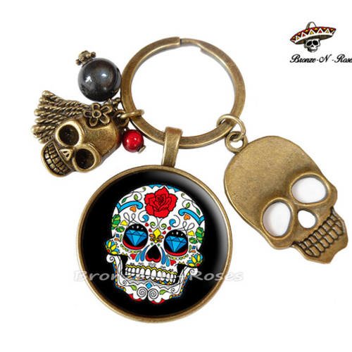 Porte clés * mexican skull * cabochon bronze tête de mort noir rouge verre 
