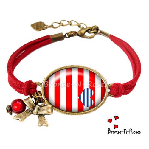 Bracelet * coeur marin * cabochon rayures rouges et bleues bronze verre 