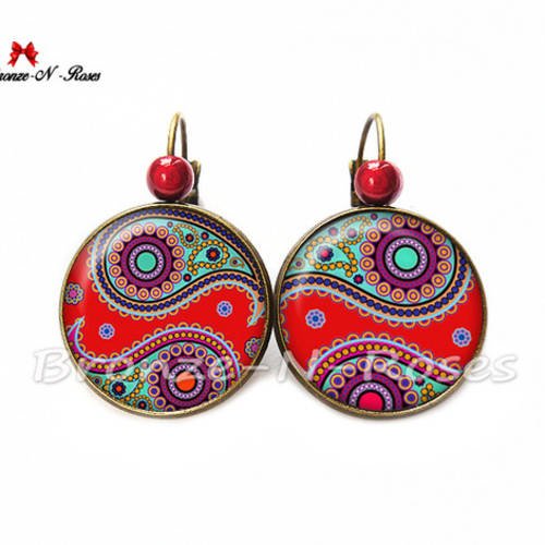 Boucles d'oreilles * indian paisley * bronze cabochon rouge verre dormeuses 