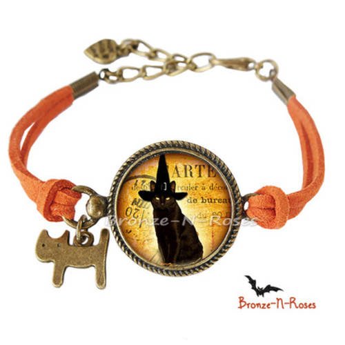 Bracelet " black cat society " cabochon chat noir halloween bijou orange verre 