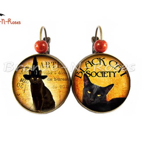 Boucles d'oreilles " black cat society " cabochon noir bronze bijoux halloween dormeuses