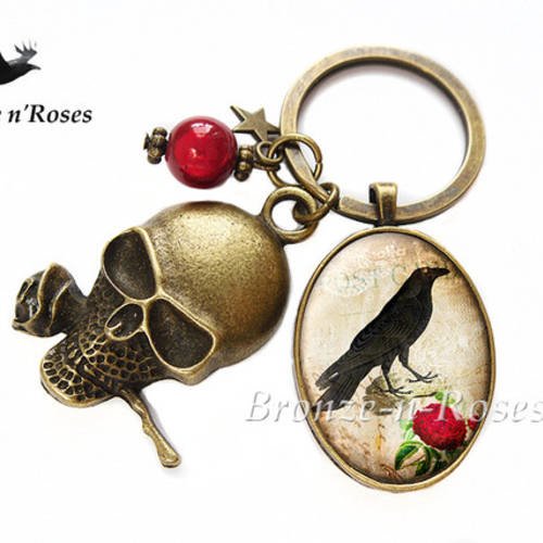 Porte clés ° grand corbeau noir ° cabochon bronze rose bijou fantaisie bronze verre 