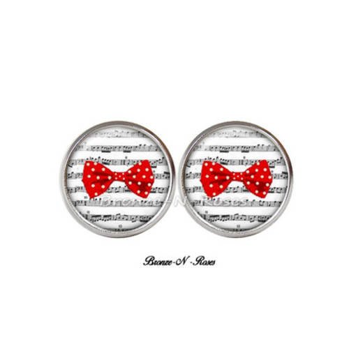 Boucles d'oreilles puces * petit nœud rouge * cabochon métal argenté verre 