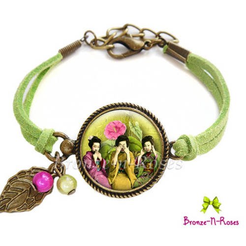 Bracelet  * geishas * fleurs du japon cabochons rose vert bijou fantaisie perles 