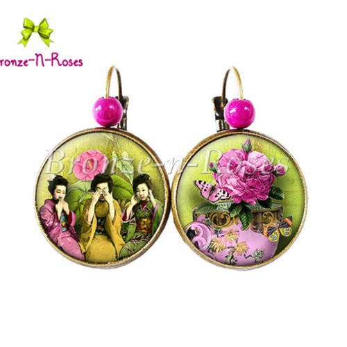 Boucles d'oreilles * geishas * fleurs du japon cabochons rose vert bijou fantaisie dormeuses 