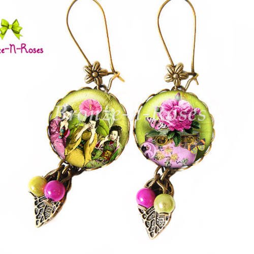 Boucles d'oreilles * geishas * fleurs du japon cabochons rose vert bijou fantaisie