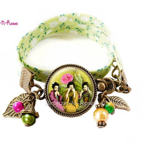 Bracelet * geishas * fleurs du japon cabochons rose vert bijou fantaisie verre 