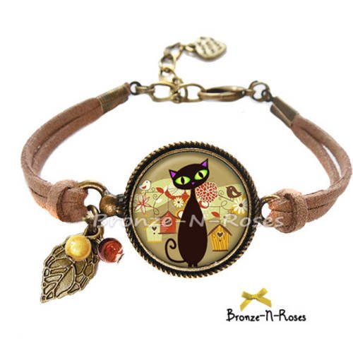 Bracelet " attention les oiseaux !!  " cabochon chat noir bronze bijou fantaisie verre 