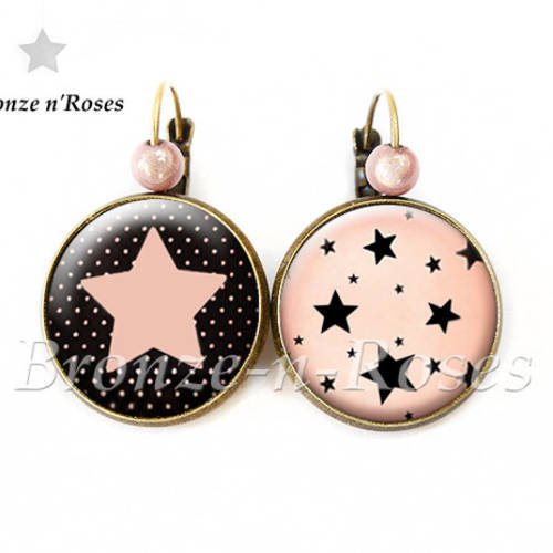 Boucles d'oreilles * rose stars * bronze étoiles noires bijou fantaisie verre dormeuses