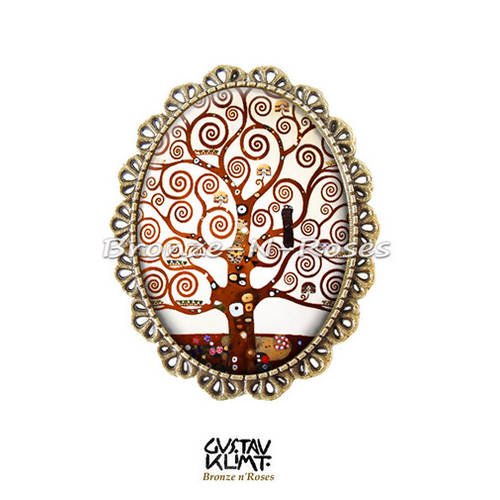 Broche épingle * arbre de vie * spirales cabochon bronze gustav klimt reproduction verre marron beige