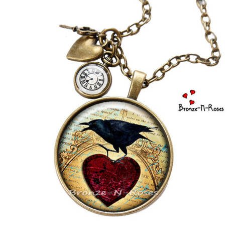 Collier * raven's time * cabochon oiseau bijou fantaisie corbeau noir coeur rouge