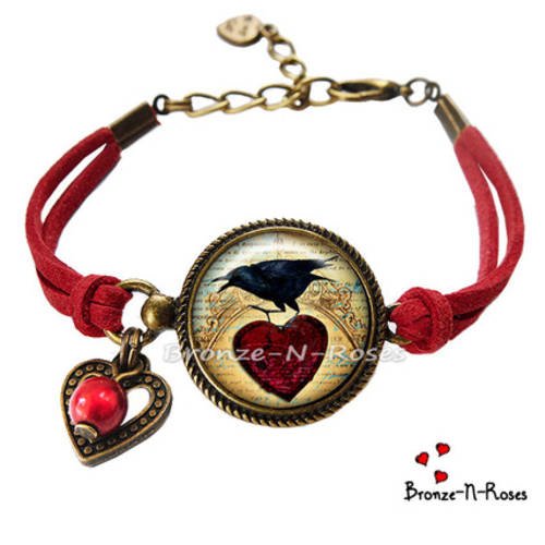 Bracelet * raven's time * cabochon bronze bijou fantaisie corbeau noir coeur rouge 