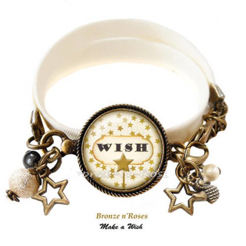 Bracelet * make a wish * cabochon bronze fleurs étoiles ange beiges 