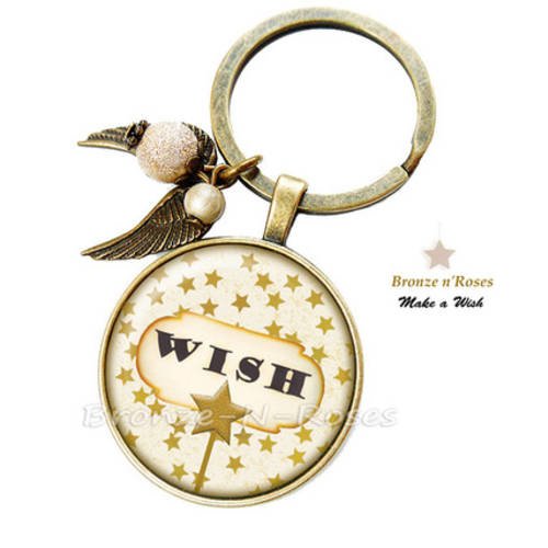 Porte clés * make a wish * cabochon bronze fleurs étoiles ange beiges 