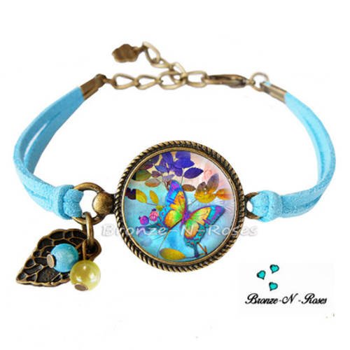 Bracelet " papillon magique " cabochon bleu bronze bijou fantaisie perles verre 
