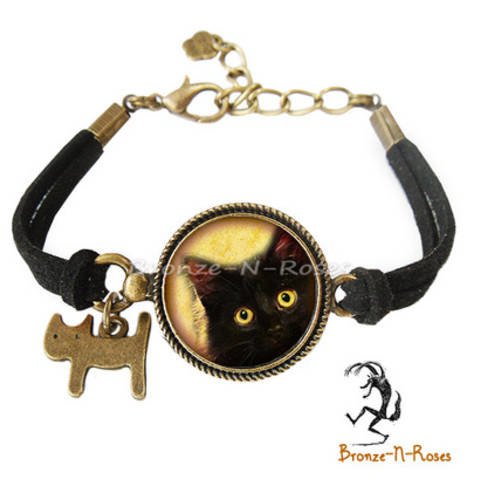 Bracelet ° chat aux yeux jaunes ° bijou cabochon bronze fantaisie noir 