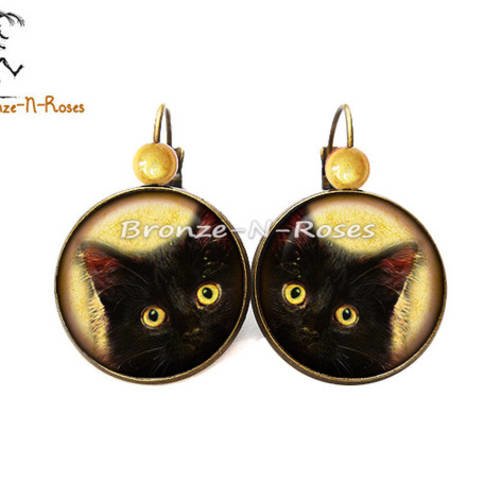 Boucles d'oreilles° chat aux yeux jaunes ° bijou cabochon bronze fantaisie noir dormeuses