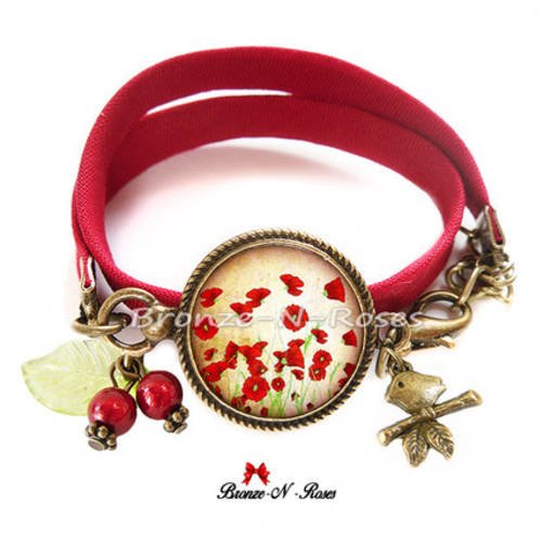 Bracelet " jardin de coquelicots " nature cabochon rouge fleurs feuille verte verre 
