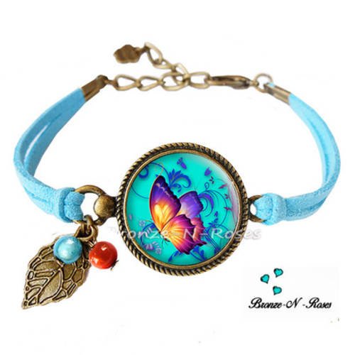 Bracelet " papillon orange " cabochon bleu bronze bijou fantaisie verre 