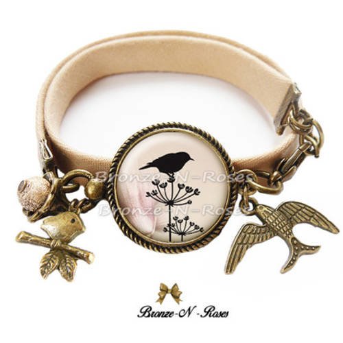 Bracelet " ombres d'oiseaux " cabochon beige nature bijou fantaisie verre 