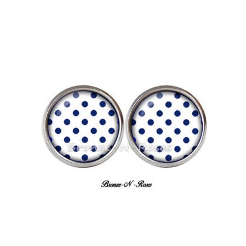 Boucles d'oreilles puces ° pois bleus ° cabochon blanc acier inoxydable verre 