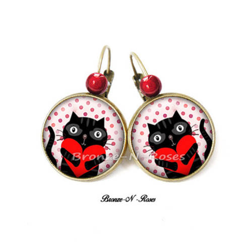 Boucles d'oreilles  chat noir jolies coccinelles rouges