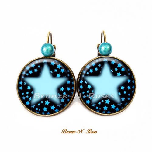 Boucles d'oreilles * stars * cabochon bronze étoiles bleues dormeuses verre 