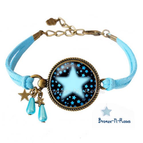 Bracelet * stars * cabochon bronze étoiles bleues verre 