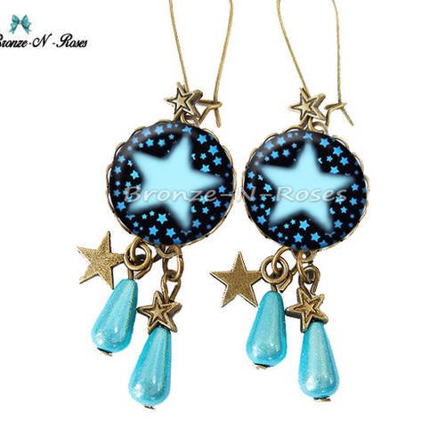 Boucles d'oreilles * stars * cabochon bronze étoiles bleues verre 