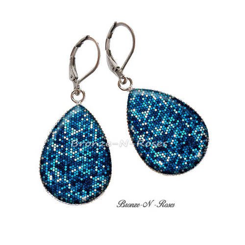 Boucles d'oreilles gouttes * sparkle * métal argenté cabochon bleu verre 