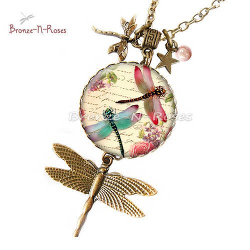 Sautoir * libellules * cabochon bronze beige et rose fleurs verre collier