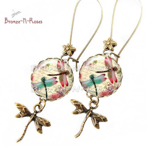 Boucles d'oreilles * libellules * cabochon bronze beige et rose fleurs verre