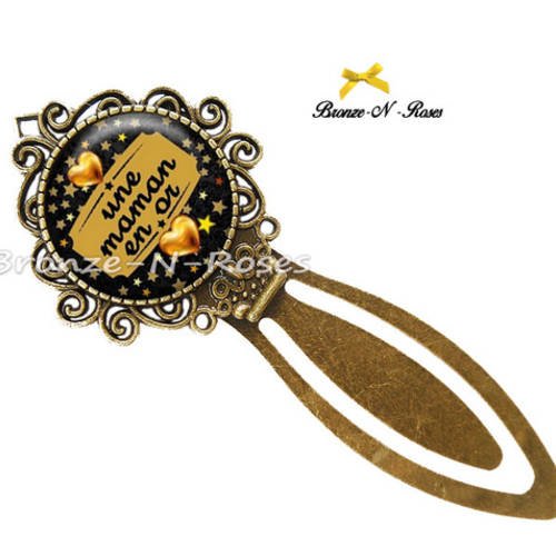 Marque-pages " une maman en or " bijou cabochon bronze cadeau noir coeur jaune étoiles verre 