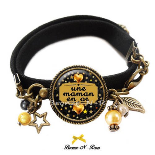 Bracelet " une maman en or " bijou cabochon bronze cadeau noir coeur jaune étoiles verre 
