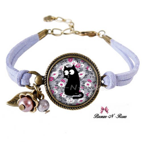 Bracelet " chat fleurs liberty " bijou cabochon fantaisie cadeau violet mauve lacet verre 