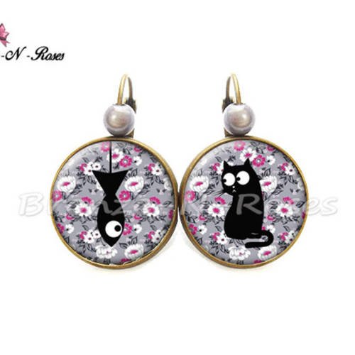 Boucles d'oreilles " chat fleurs liberty " bijou cabochon fantaisie cadeau verre dormeuses 