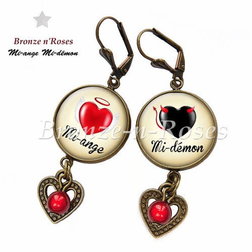 Boucles d'oreilles " mi-ange mi-démon " cabochon noir et rouge bronze coeur verre