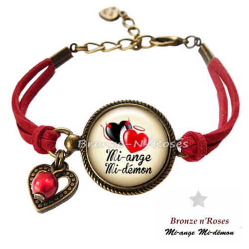 Bracelet " mi-ange mi-démon " cabochon noir et rouge bronze coeur verre 