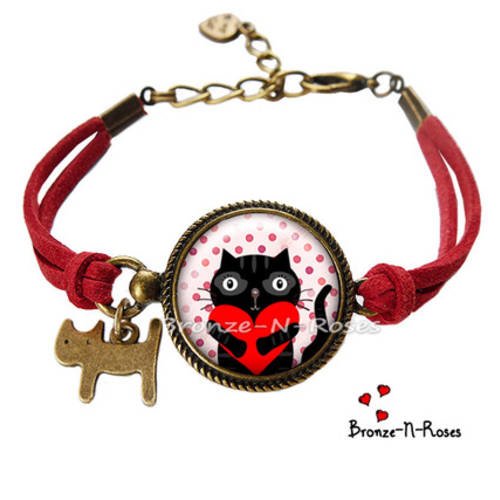 Bracelet * chat gros câlin * coeur rouge noir bronze cabochon verre 