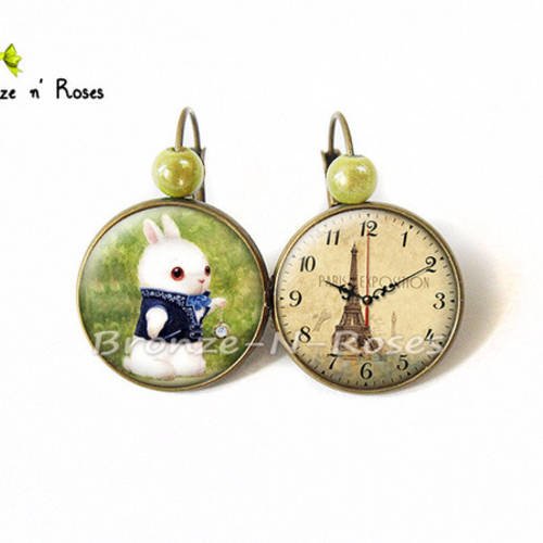 Boucles d'oreilles * lapin blanc à la montre * alice au pays des merveilles cabochon bronze verre dormeuses 