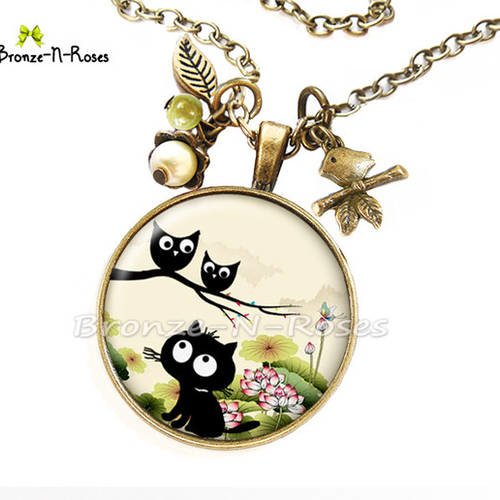 Collier " petit chat noir et les hiboux " bijou cadeau bronze bronze