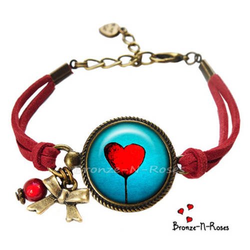 Bracelet " je sème l'amour " cabochon bleu st valentin coeur rouge verre 