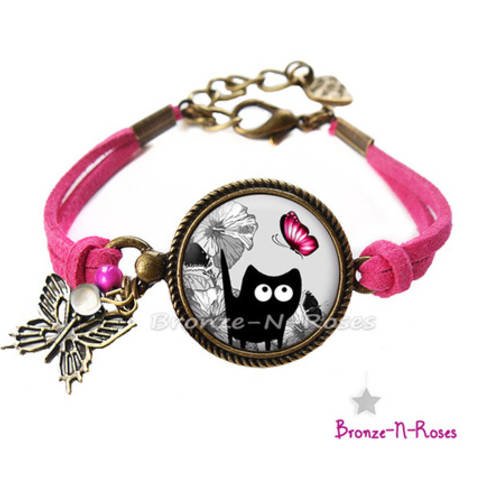 Bracelet " papillon rose et le chat " cabochon bijou fantaisie gris bronze verre 