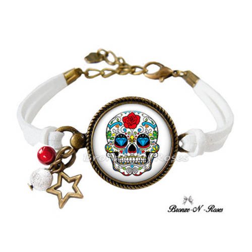 Bracelet " mexican skulls " bronze cabochon tête de mort blanc rouges verre 