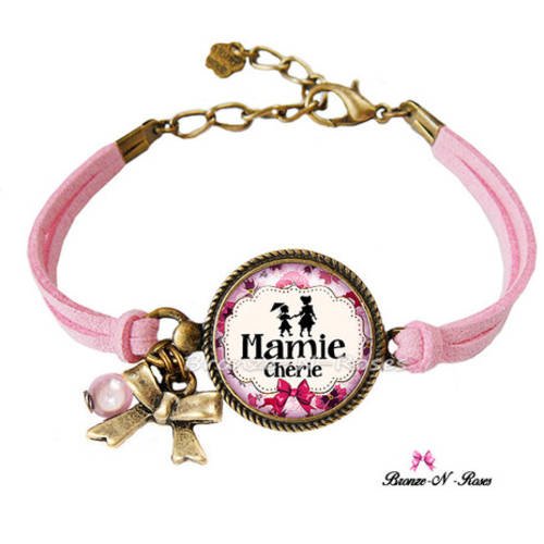 Bracelet " mamie chérie " bijou cabochon bronze fantaisie rose fleurs noeud 