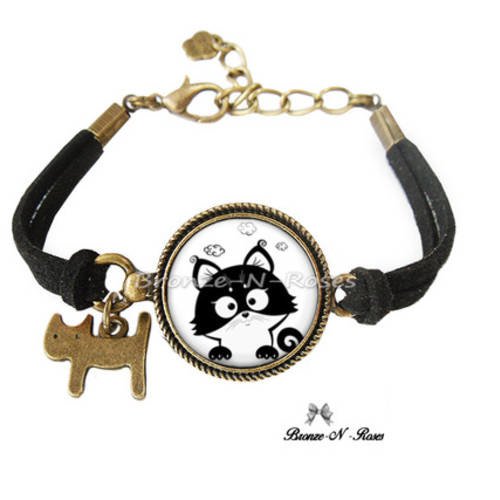 Bracelet " petit chat noir et blanc rigolo " cabochon bronze bijou fantaisie verre