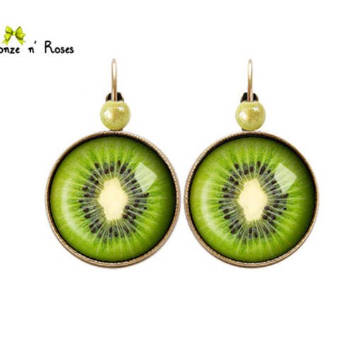 Boucles d'oreilles " kiwi " cabochon vert bronze bijou fantaisie jaune verre dormeuses 