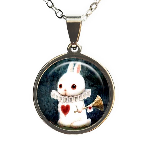 Collier * lapin blanc * alice au pays des merveilles cabochon coeur rouge