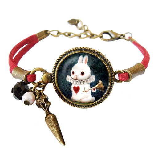 Bracelet * lapin blanc * alice au pays des merveilles cabochon coeur rouge